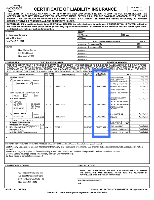 Picture of where policy expiration dates can be found on a COI