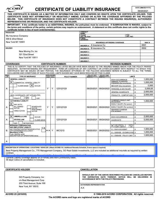 Picture of where an additional insured can be found on a COI
