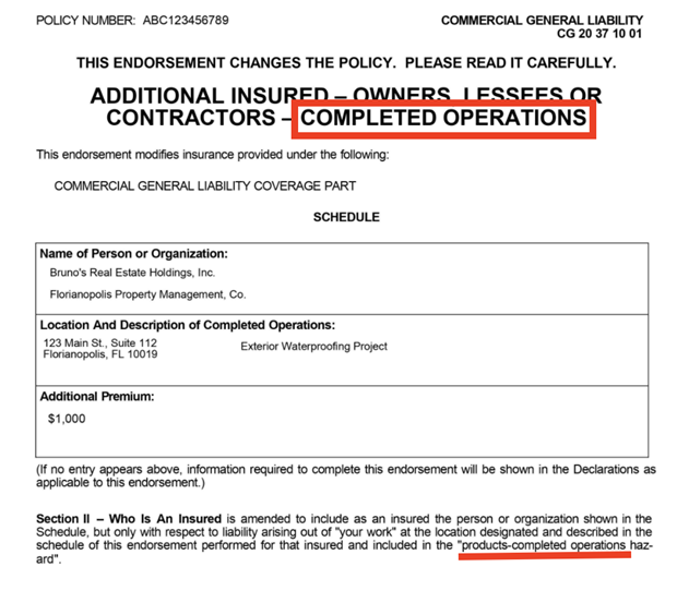 Additional Insured endorsement covering Completed Operations
