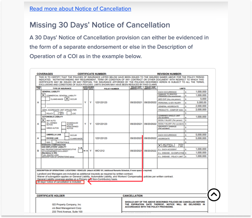 30 Days Notice of Cancellation