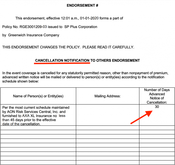 30 Days Notice of Cancellation - Endorsement
