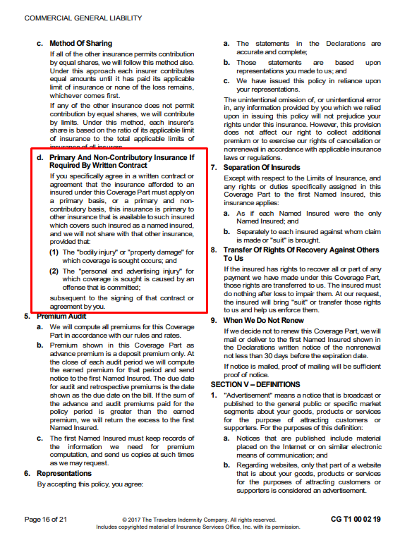 Primary and non-contributory insurance in general liability