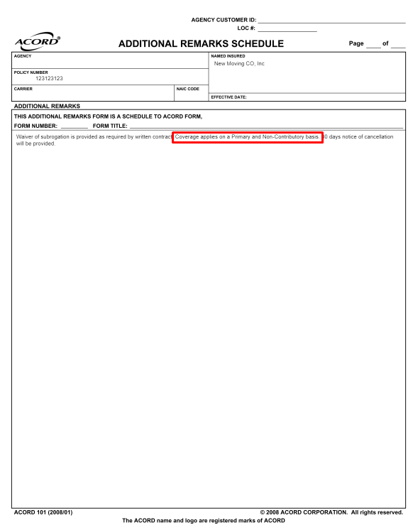Primary & Non-Contributory on ACORD 101