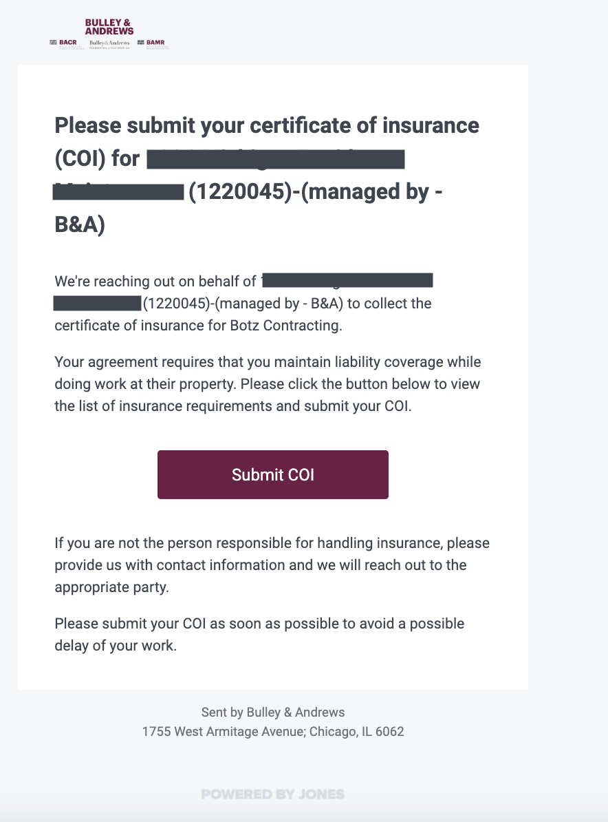 Example branded email that a vendor will receive through the Procore and Jones Integration for Compliance