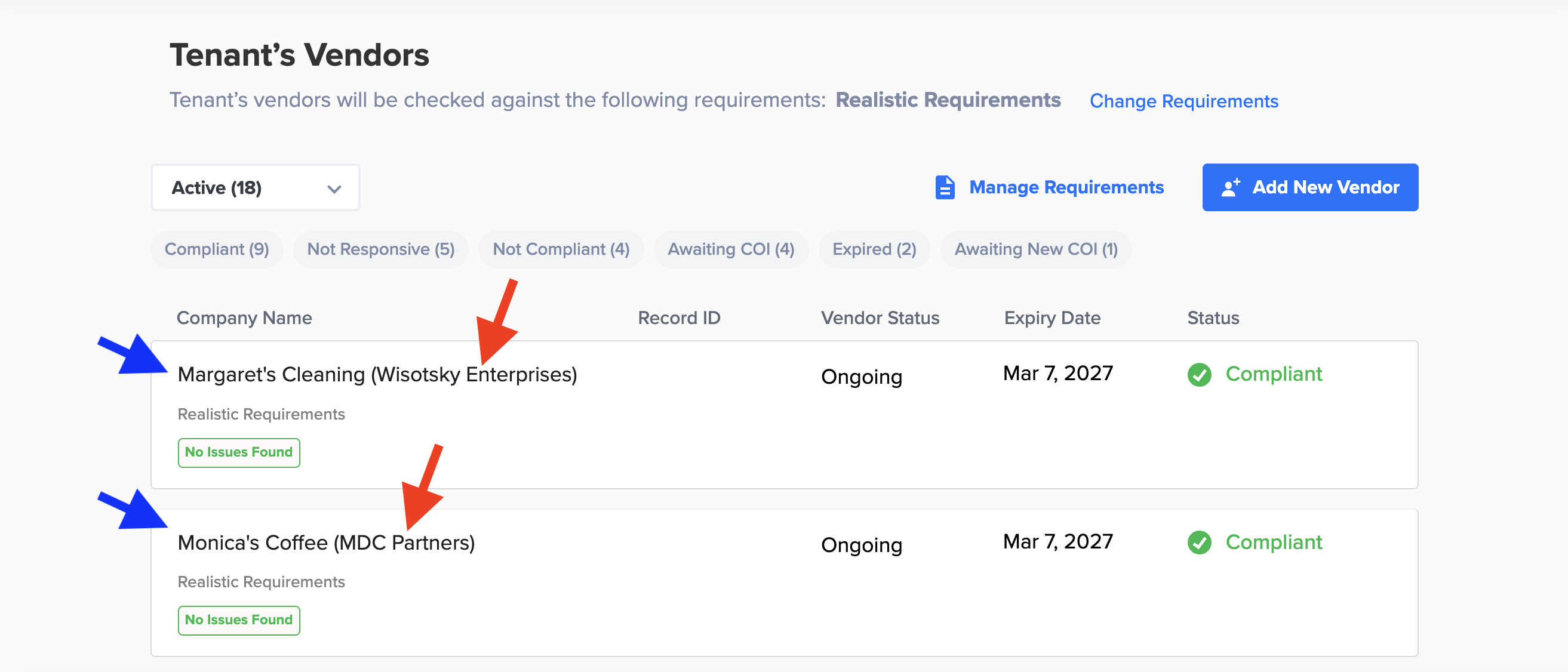 Example of Tenant-Vendor page from a tenant's point of view
