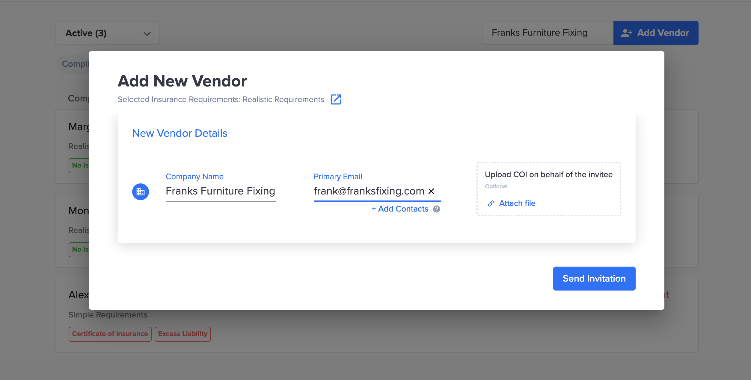 Workflow of an office manager requesting a vendor