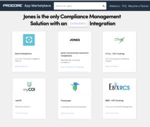 Types of Procore insurance compliance software integration partners for General Contractors to choose
