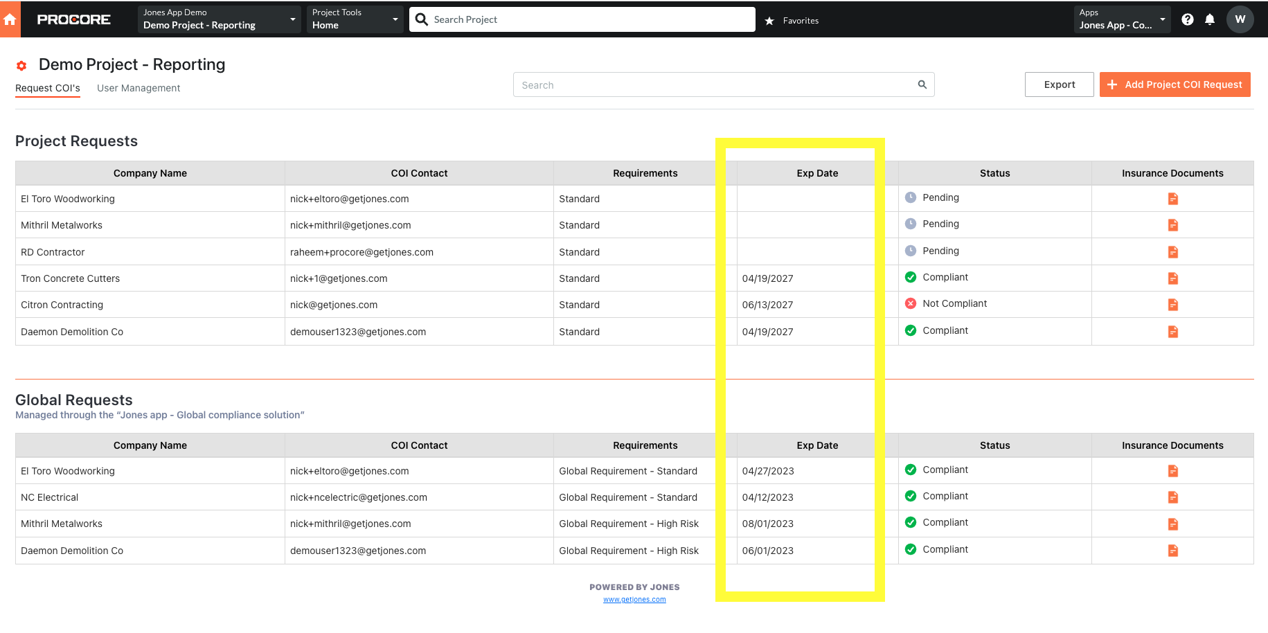 COI Expiration Dates Within Procore