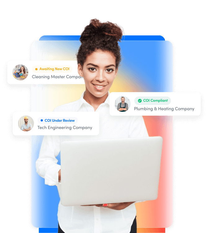 A property manager with a laptop tracking vendor insurance compliance statuses