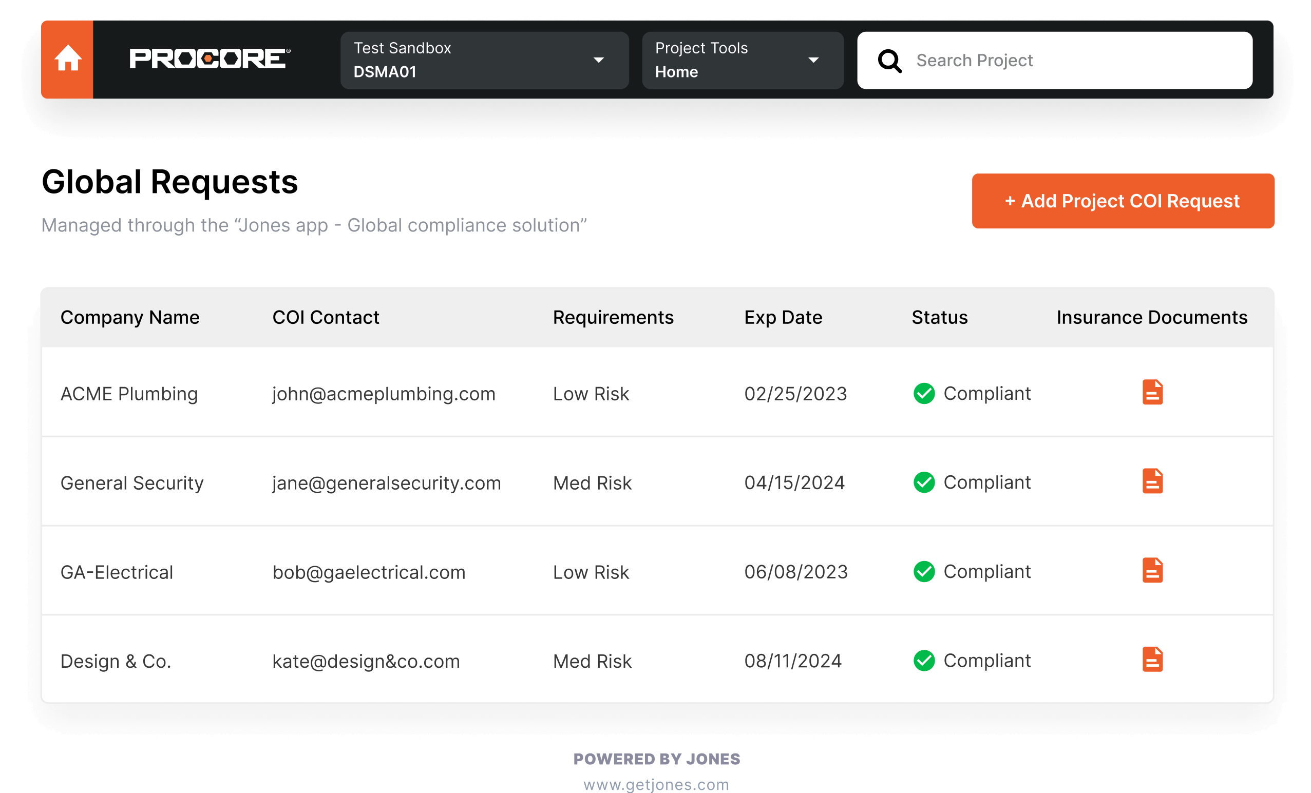 A Dashboard with subcontractor COIs in Procore