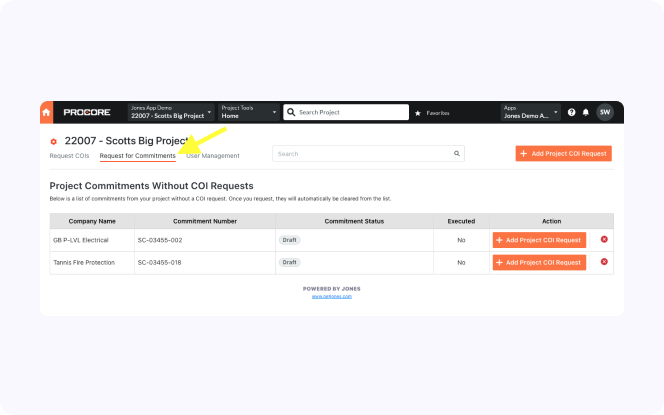List of all subcontractors that still need to have their insurance documents requests in the Jones Procore integration