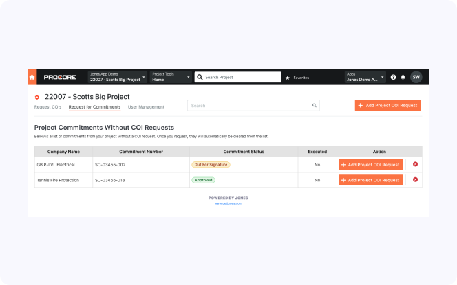 List of all subcontractors that still need to have their insurance documents requests in the Jones Procore integration