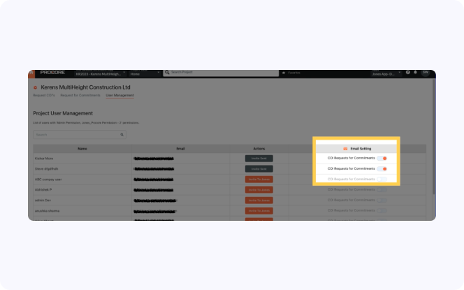Manage email settings for commitment-triggered COI requests in the Jones Procore integration