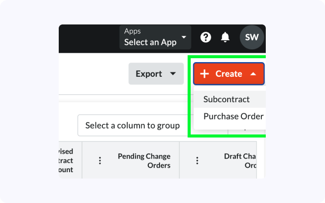 Creating a new subcontract commitment in Procore to initiate a commitment-triggered COI request in the Jones Procore integration.