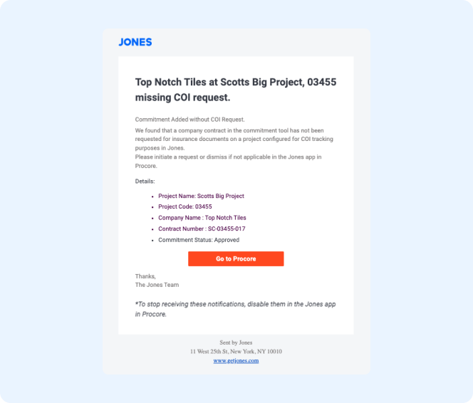Commitment-triggered COI request emails