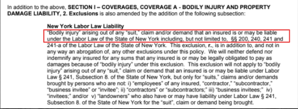 example of a New York Labor Law exclusion in a vendor insurance policy