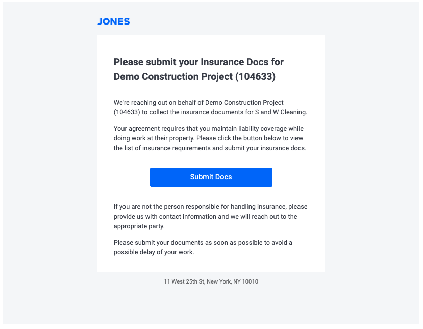 Email subcontractors receive to collect insurance documents from the Jones Procore integration