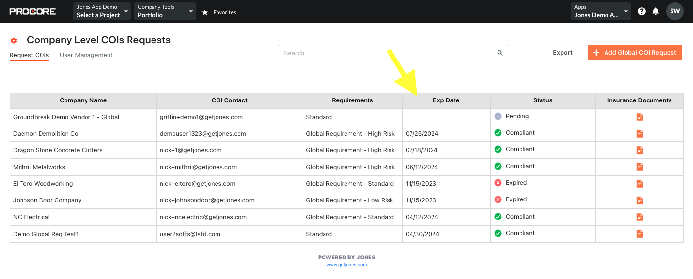 View subcontractor COI (certificate of insurance) expiration dates in Procore