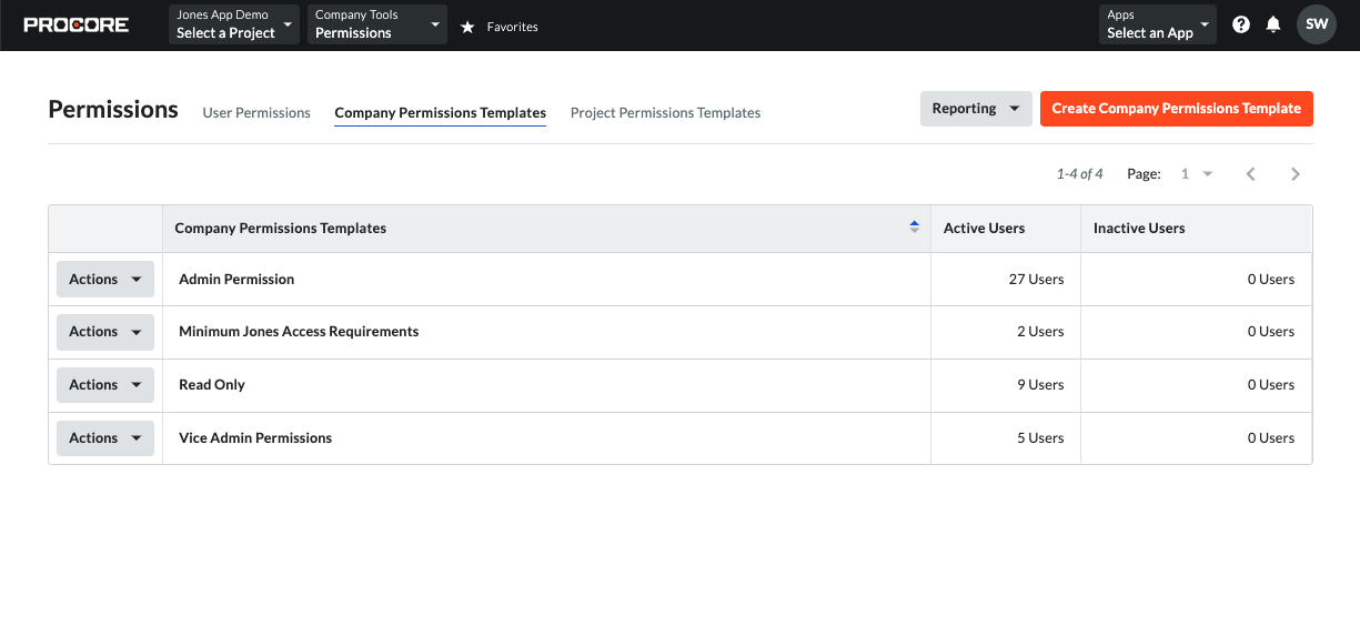 Choose Company Permissions Templates for the Jones Procore Integration