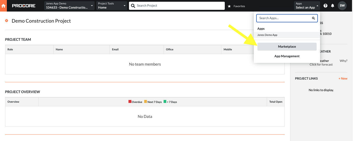 Navigate to the App Marketplace in Procore