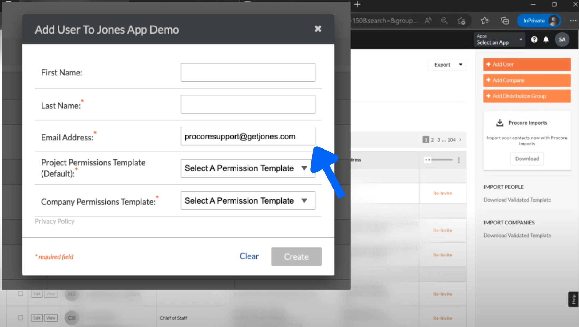 Create a new Procore User for Jones Support Team