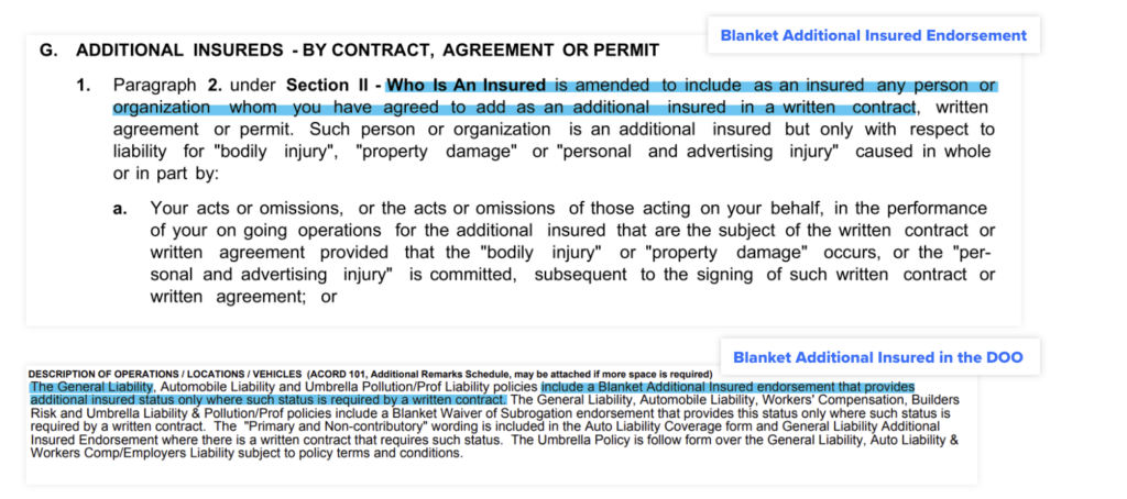 blanket additional insured verbiage in certificate of insurance