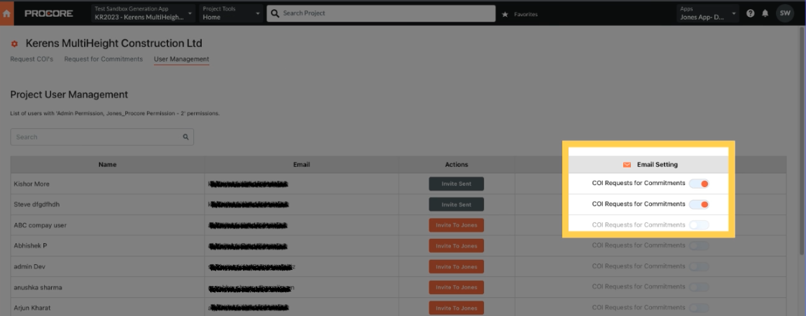 Toggle email settings in the Jones Procore Integration