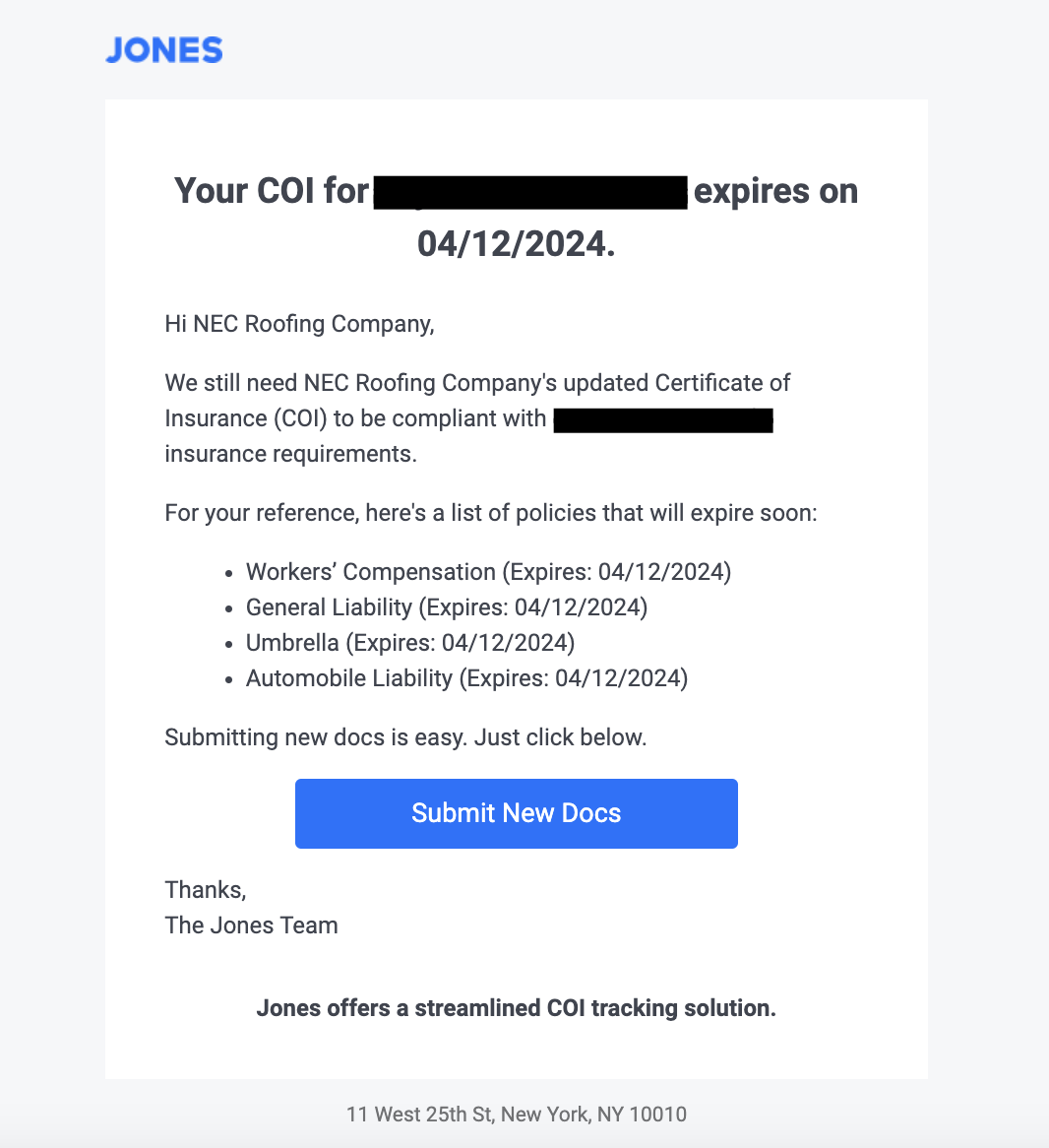 Automatic emails subcontractors will receive when their insurance documents are about to expire