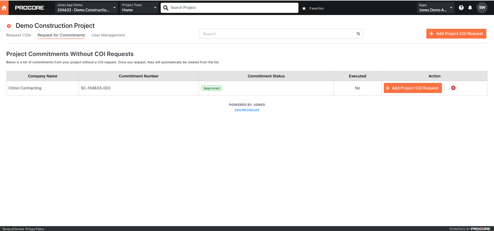 How to upload COIs and insurance documents for companies when they are added to Jones based off new commitments in Procore Project Financials