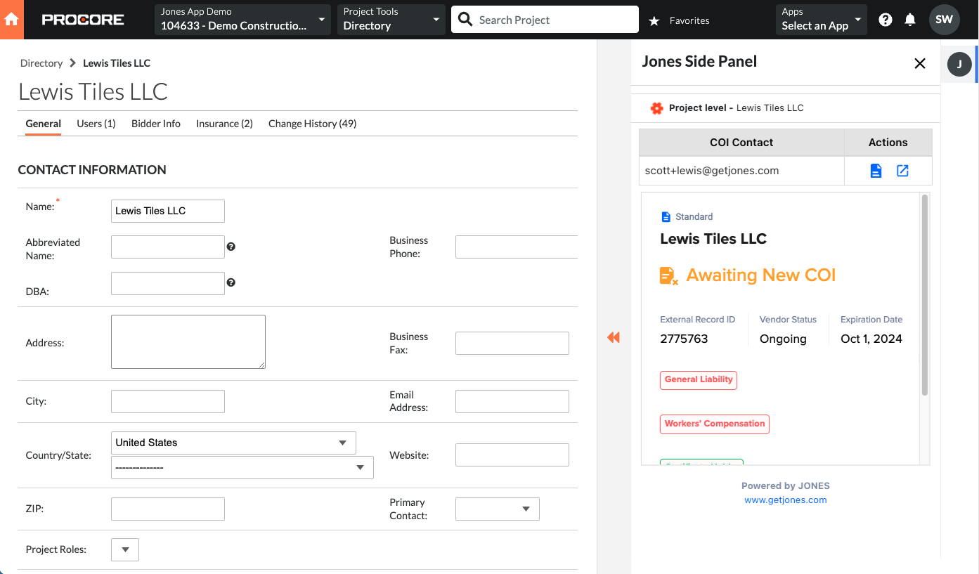 Managing COIs in the Procore Side Panel