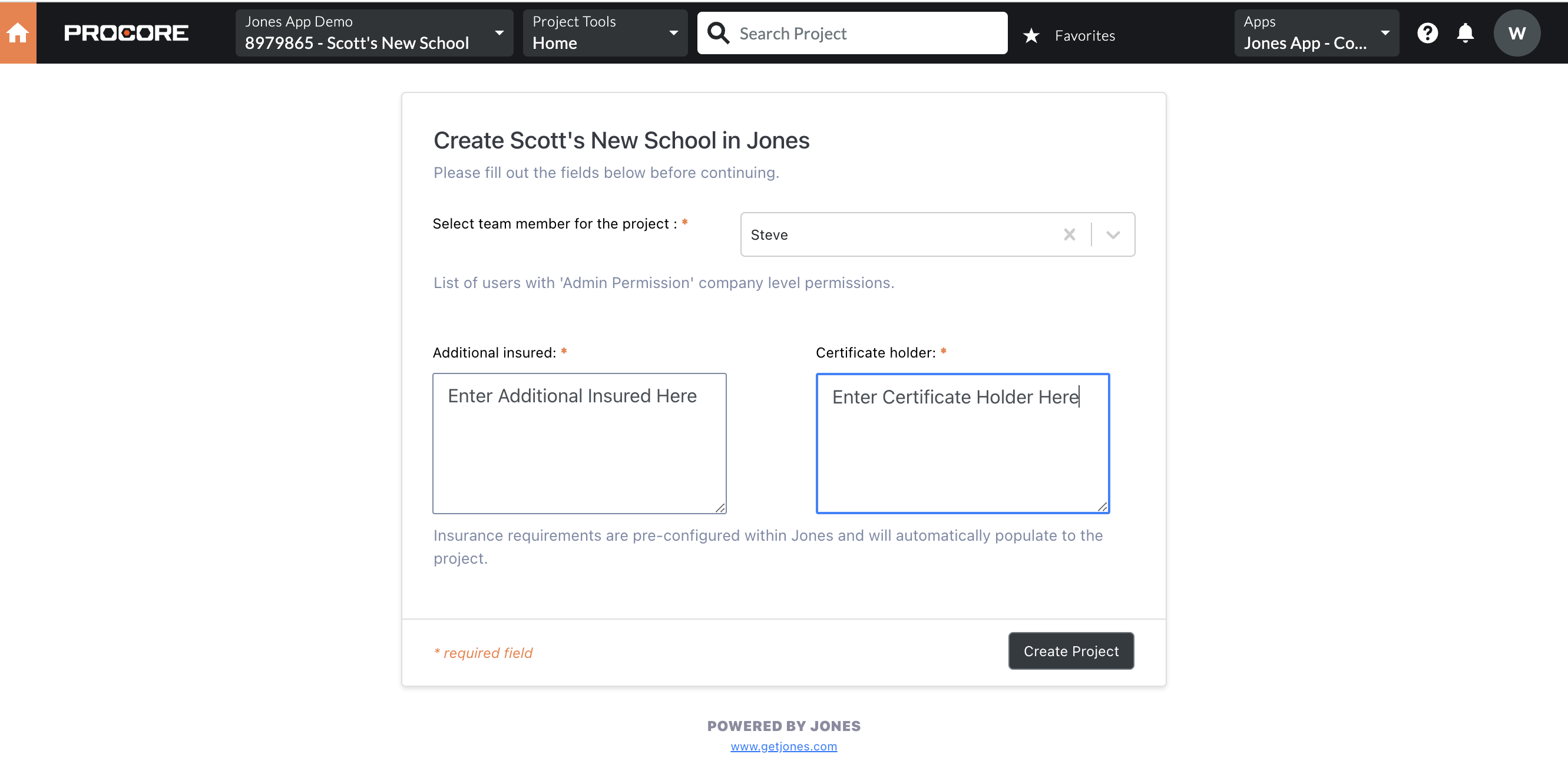 Creating a new Project in Procore