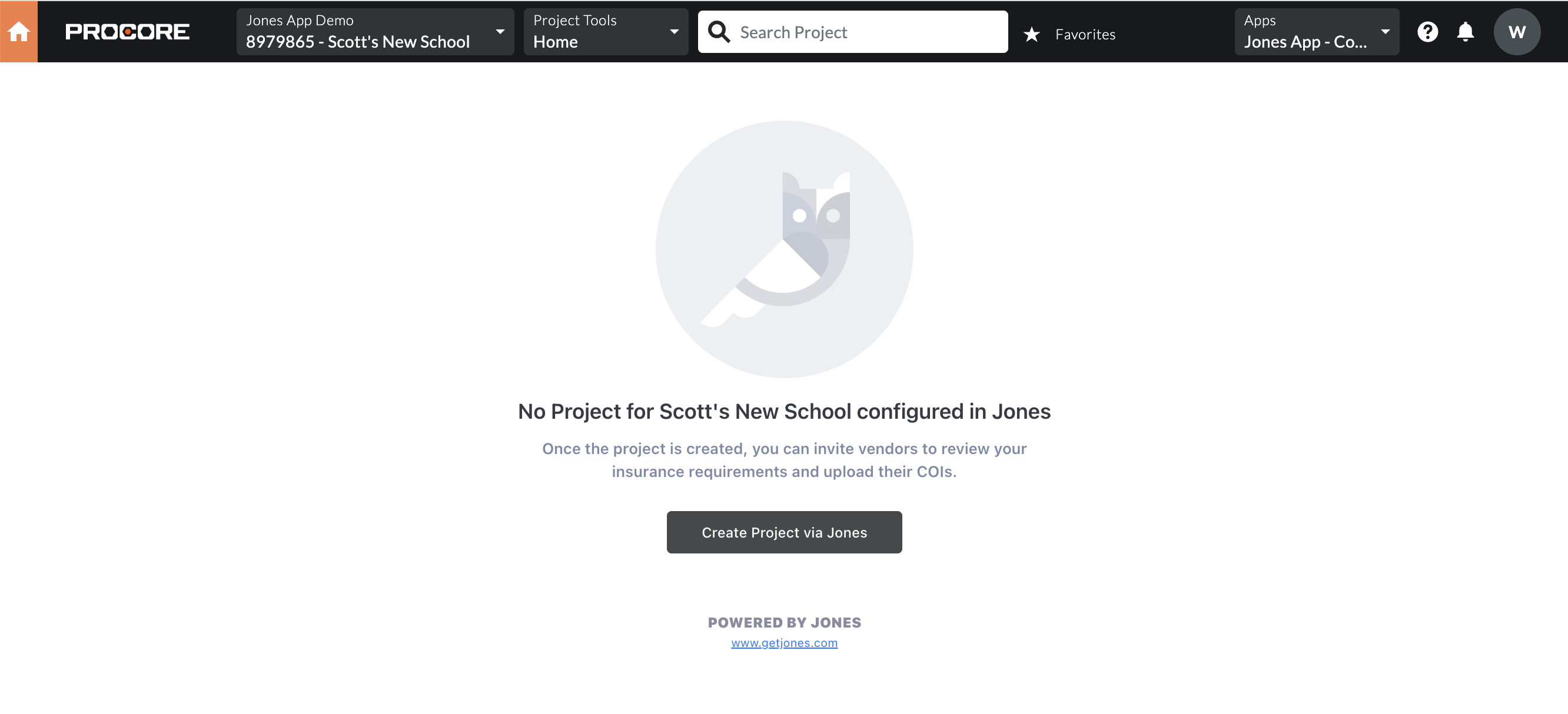 Create a new project on Jones within Procore