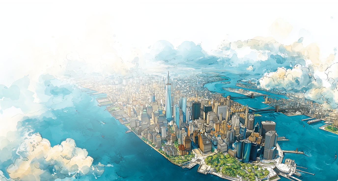 Aerial illustration of a large city skyline representing the built world and infrastructure at scale