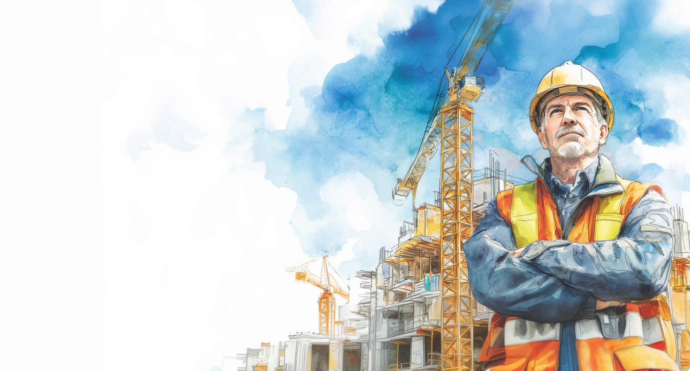 Construction manager standing at a job site with cranes and buildings in progress